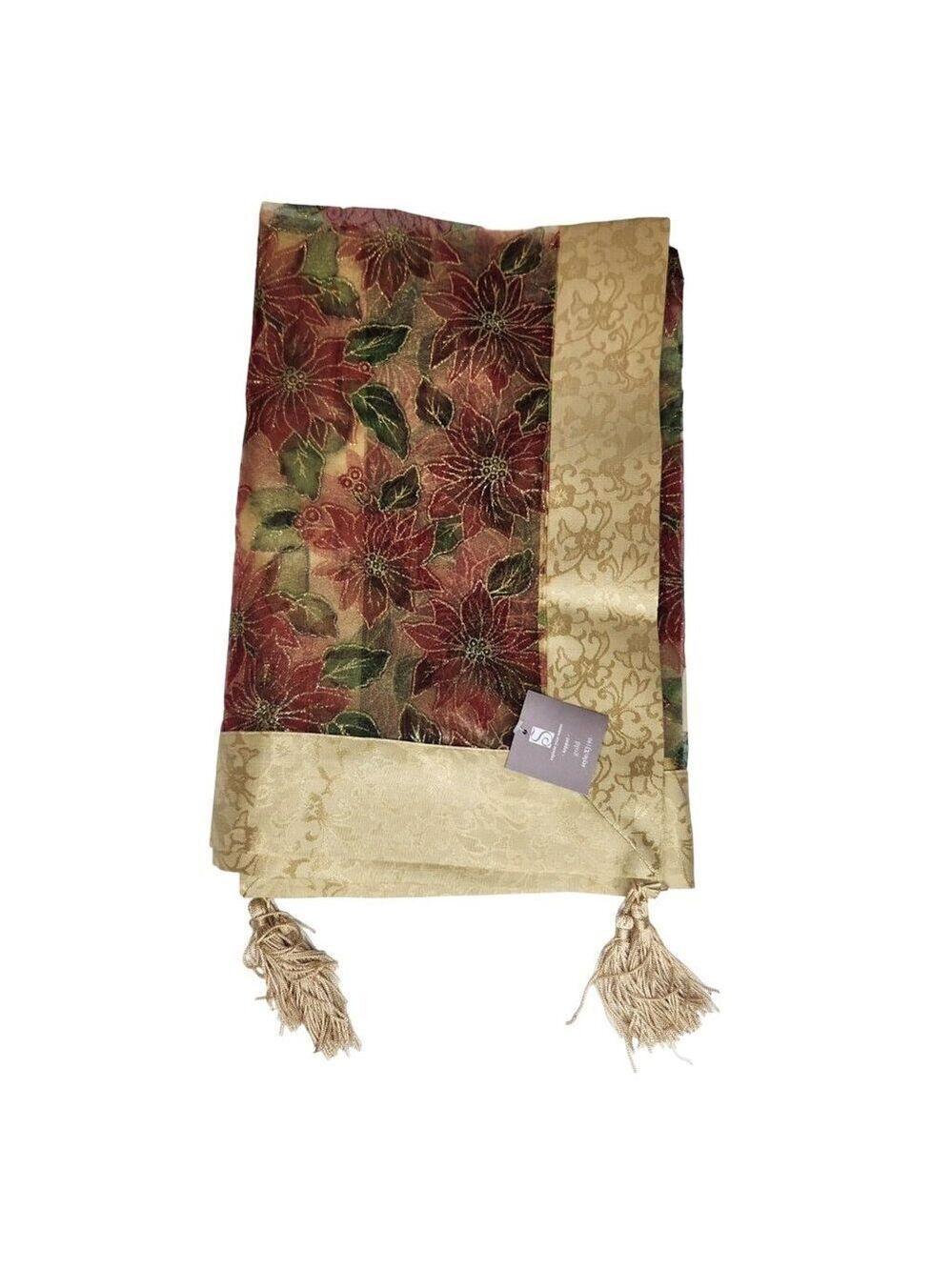 Christmas Poinsettia Table Topper 33 Inch Square Red Gold Organza with Tassels S